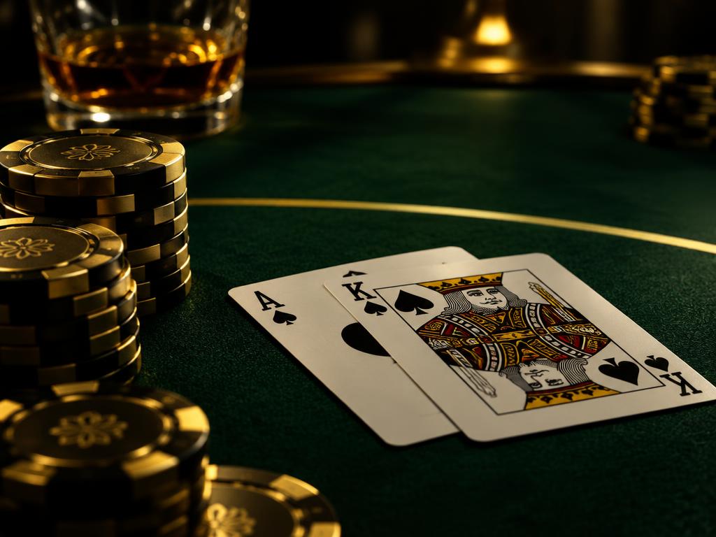 Black Jack kártyák és zsetonok zöld posztón