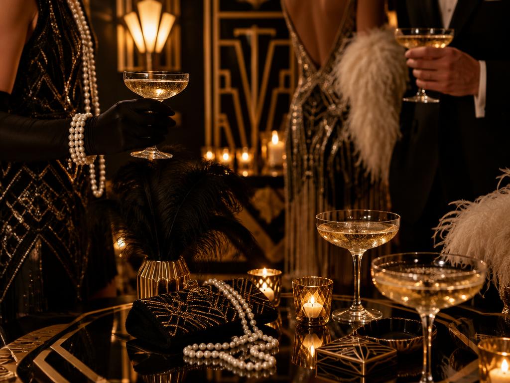 Pezsgőspoharak, gyöngysor és tollak art deco díszletben