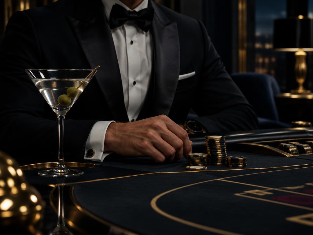 Szmokingos vendég martinivel egy sötét kaszinóasztalnál
